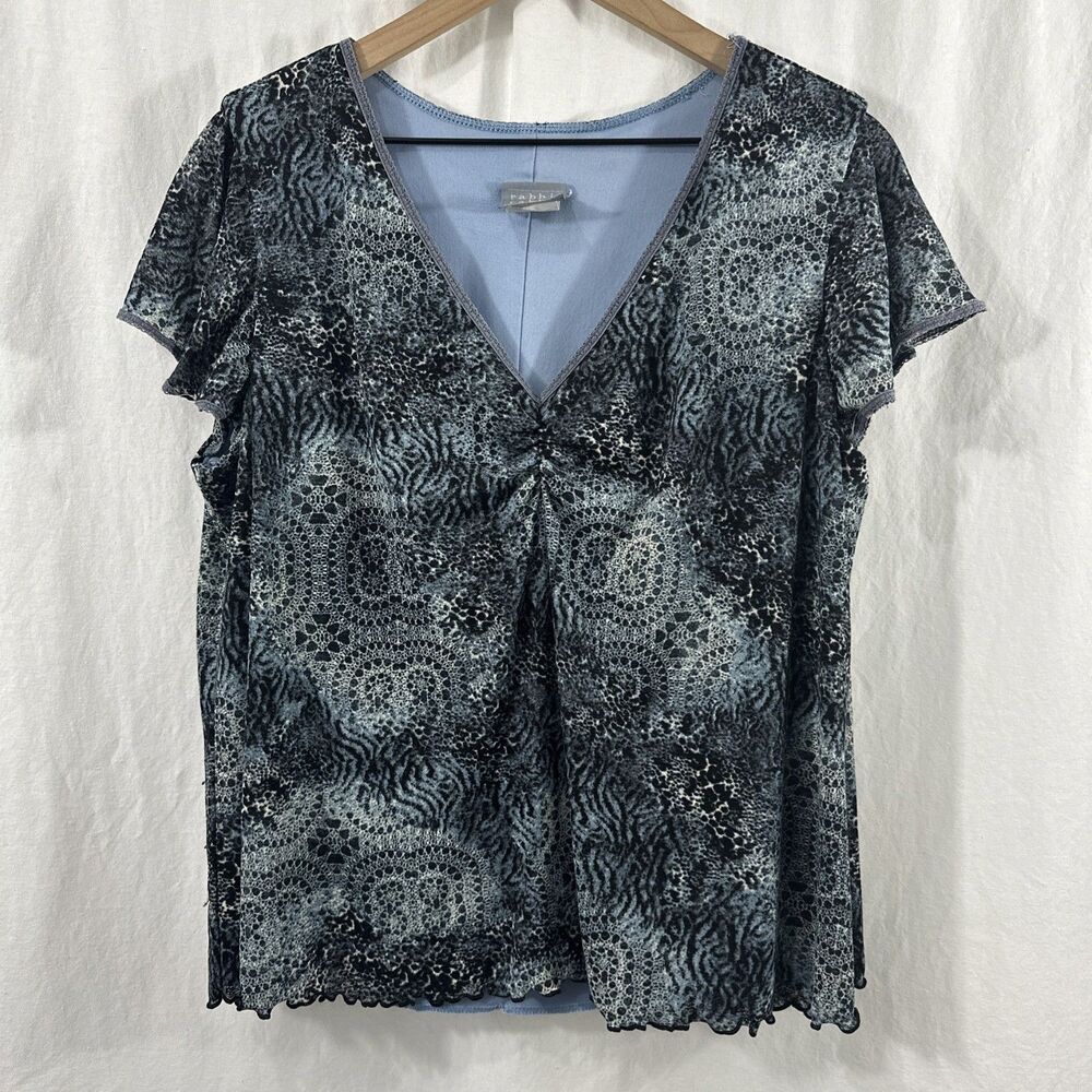 Rabbit Rabbit Rabbit Blue Arsty Babydoll Flutter Sleeve Top Womens Size 20W Y2K